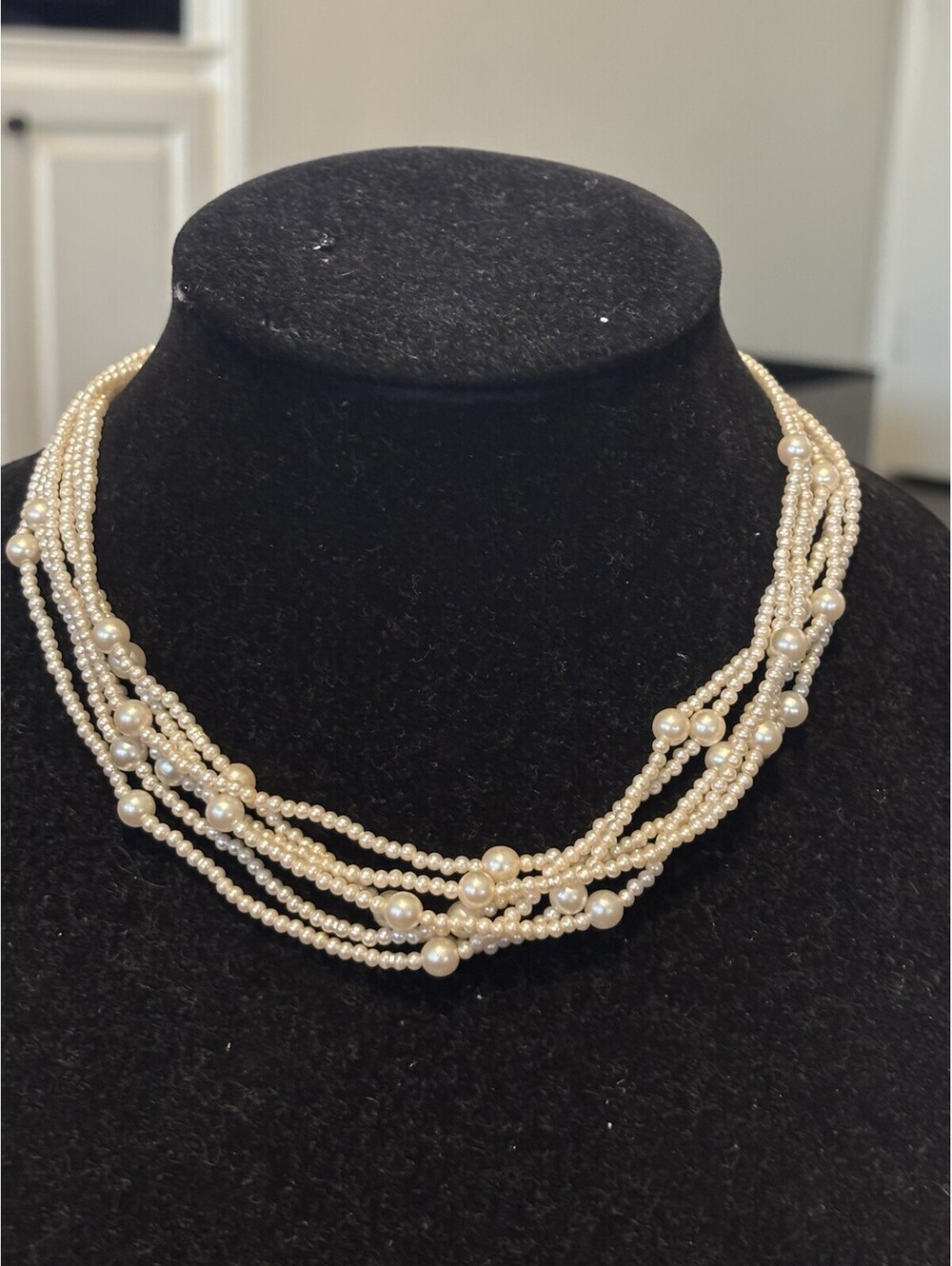 VINTAGE NAPIER MULTI STRAND PEARL NECKLACE GOLD TONE TWISTED STATEMENT